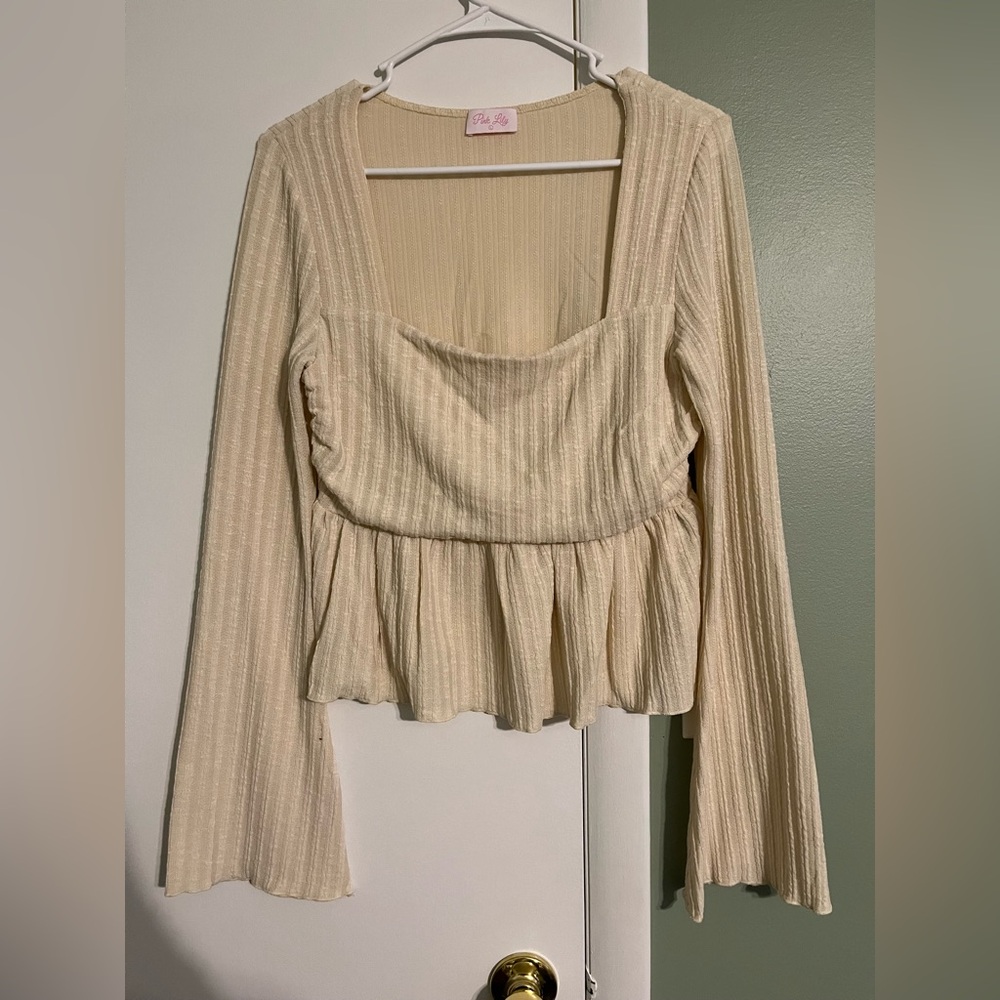Pink Lily Perfectly Content Beige Ribbed Knit Top - Large